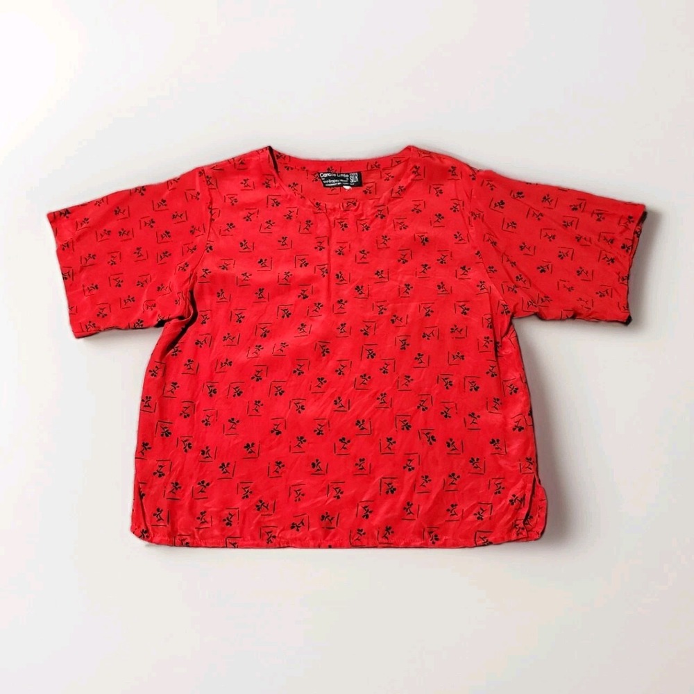 Vtg Carole Little Saint-Tropez West Blouse Size 8 Red Black 100% Silk Boxy Shirt